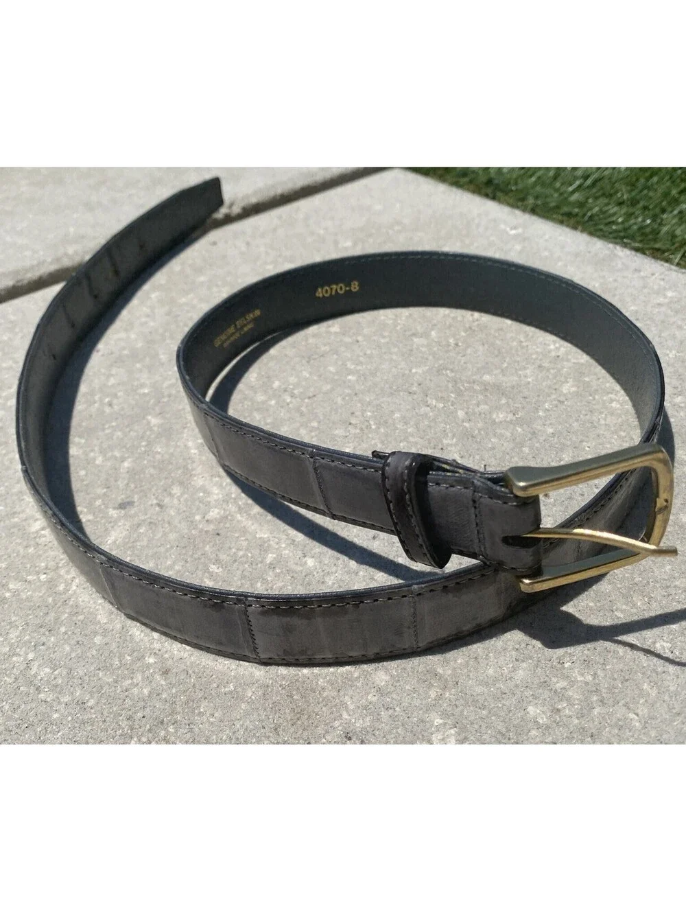Vg Genuine Exotic EelSkin Gray Leather Belt Sz 32 Solid Brass Buckle Korea